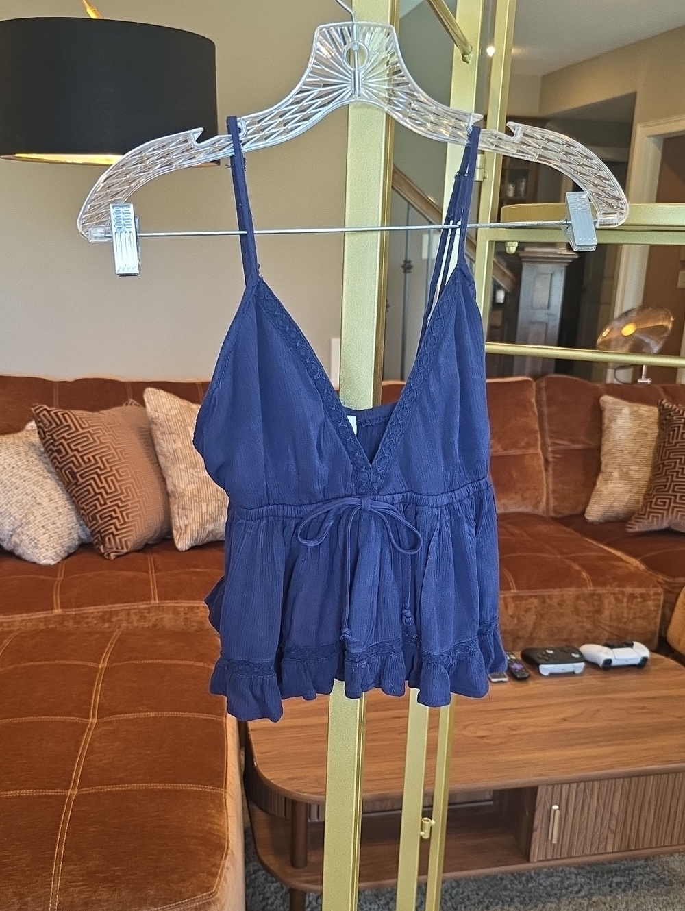 Ocean Drive Navy Blue V-Neck Tie-Front Ruffle Cami